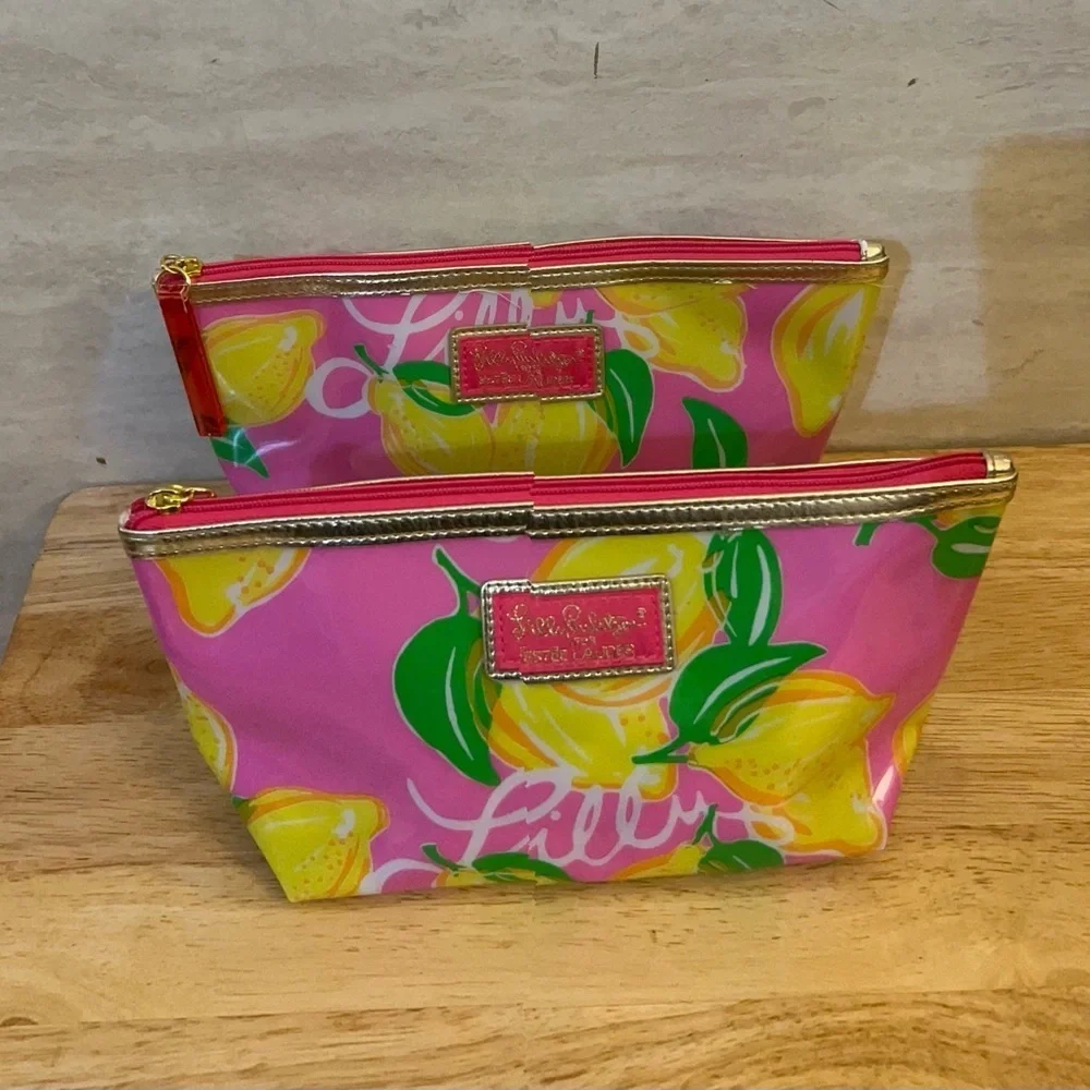 2 Lilly Pulitzer Estée Lauder Vibrant Pink and Lemon Cosmetic Bag Duo